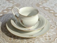 Meissen Kaffeegedeck 3-teilig Dekor "Moosrosen Malerei 1, bunt mit Goldrand" 1.Wahl