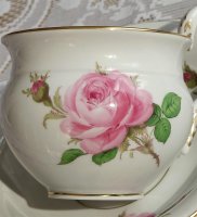 Meissen Kaffeegedeck 3-teilig Dekor "Moosrosen Malerei 1, bunt mit Goldrand" 1.Wahl