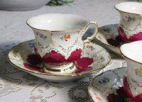 Meissen B-Form 6er Set Kaffeetassen mit Untertassen rot mit Streublümchen 1.Wahl