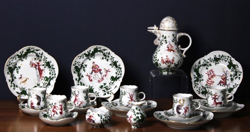 Meissen Mokkaservice für 4 Pers. 15tlg. Dekor "Jägerlatein" von H. Werner 1.Wahl
