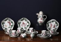 Meissen Mokkaservice für 4 Pers. 15tlg. Dekor "Jägerlatein" von H. Werner 1.Wahl