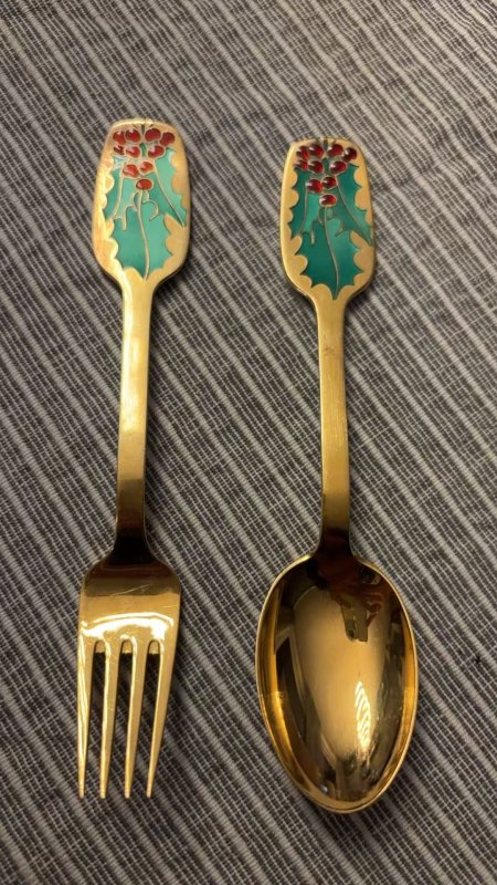 A. Michelsen 1946 Weihnachtslöffel+Gabel Vergoldetes Sterlingsilber mit Emaille