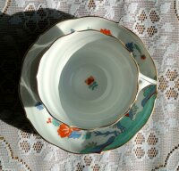 Meissen Milchkaffeetasse + Untertasse Form „großer Ausschnitt“ Dekor „Indische Blumenmalerei 5 bunt mit Kupferfarben und Goldrand“ 1.Wahl