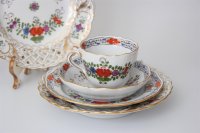 Meissen Mokkakaffee Service für 2 Personen Indische Blumen bunt 1. Wahl mit 2 Durchbruchteller 11 Teile