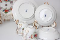 Meissen Mokkakaffee Service für 2 Personen Indische Blumen bunt 1. Wahl mit 2 Durchbruchteller 11 Teile