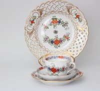 Meissen Mokkakaffee Service für 2 Personen Indische Blumen bunt 1. Wahl mit 2 Durchbruchteller 11 Teile