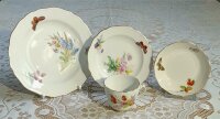 Meissen Mokkagedeck mit Biskuit und Kuchenteller im Dekor „natürliche Blumenmalerei mit Schmetterling und Goldrand 1.Wahl