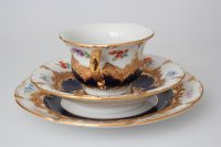 Meissen Mokka / Espressotasse in der beliebten "B-Form" in Kobaltblau mit Streublümchen 3 Teilig 1.Wahl